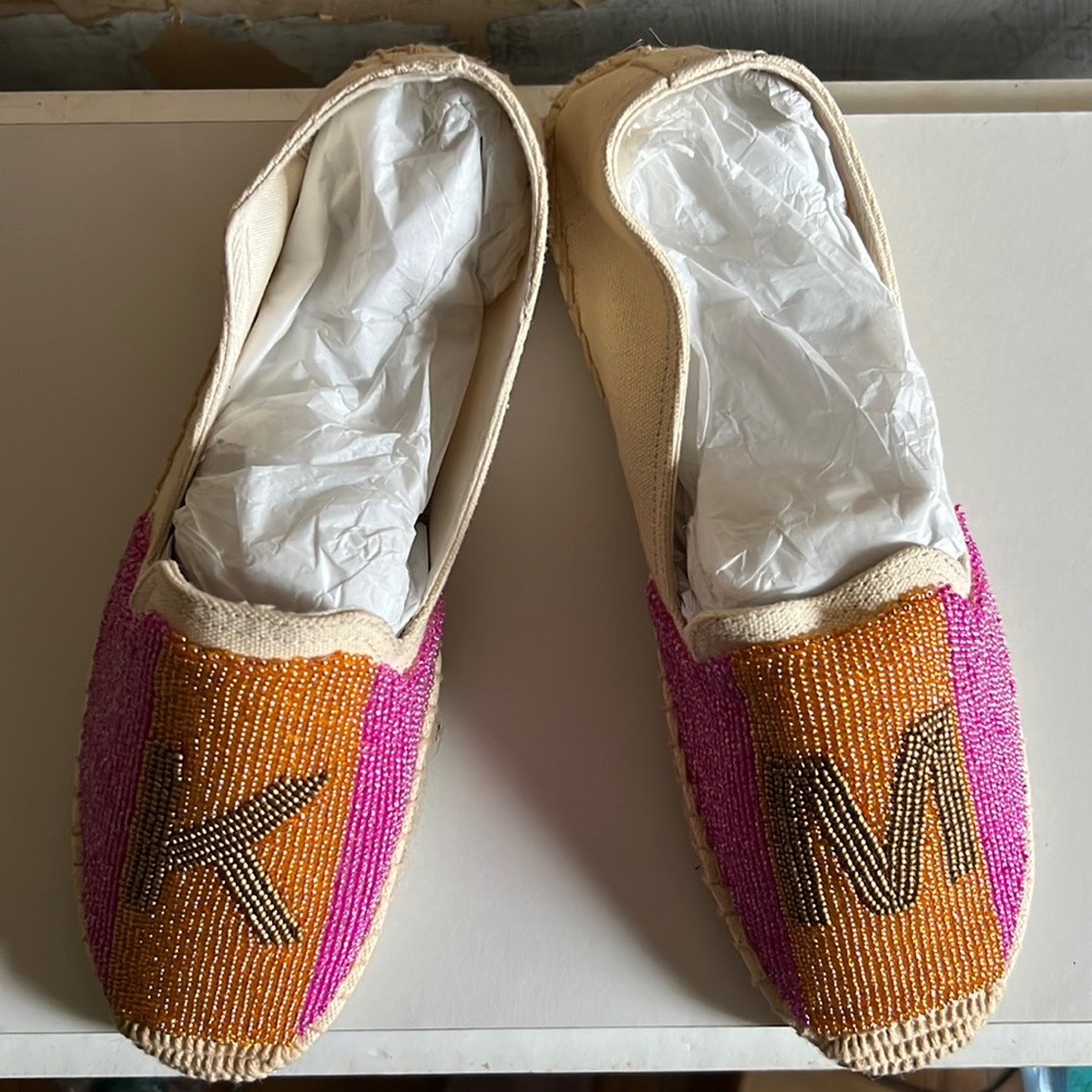Brand new Tiana initial beaded espadrilles, K M size 9, never worn!